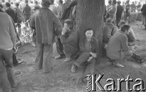 Sierpień 1980, Gdańsk, Polska.
Strajk okupacyjny w Stoczni Gdańskiej im. Lenina. Strajkujący odpoczywają pod drzewem.
Fot. Zbigniew Trybek, zbiory Ośrodka KARTA

