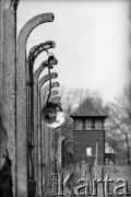 1985, Oświęcim, Polska.
KL Auschwitz Birkenau. Fragment ogrodzenia. Reflektor. Wieża strażnicza. 
Fot. Piotr Dylik, zbiory Ośrodka KARTA