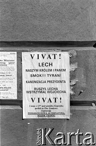 2.05.1990, Warszawa, Polska.
Plakat informujący o happeningu Pomarańczowej Alternatywy 