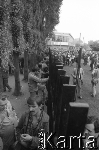 Sierpień 1980, Gdańsk, Polska.
Strajk w Stoczni Gdańskiej im. Lenina. Strajkujący stoczniowcy rozmawiają przy ogrodzeniu z osobami zgromadzonymi pod stocznią.
Fot. Witold Górka, zbiory Ośrodka KARTA