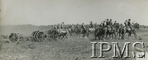 1938, Podbrodzie, Polska.
Ćwiczenia poligonowe 3 Dywizjonu Artylerii Konnej im. płk. Włodzimierza Potockiego. Bateria w szyku rozwiniętym w zwartych odstępach. 
Fot. NN, Instytut Polski i Muzeum im. gen. Sikorskiego [album 415c - Dywizjon Artylerii Konnej]
