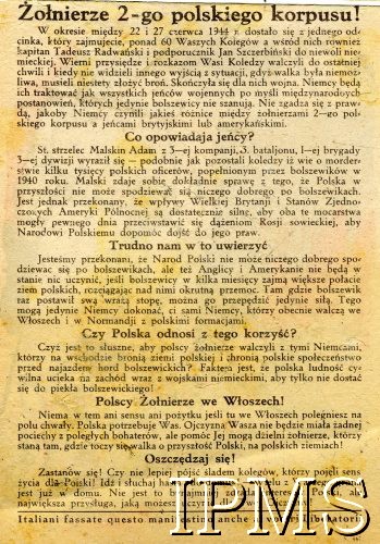 1944, Włochy.
Propagandowa ulotka niemiecka skierowana do żołnierzy 2 Korpusu Polskiego walczących we Włoszech zachęcająca do przechodzenia na stronę niemiecką. Niemcy przekonywali, że pomogą dotrzeć Polakom do kraju, najkrótszą drogą do ich rodzin. Ulotka zredagowana przez SS-Standarte 