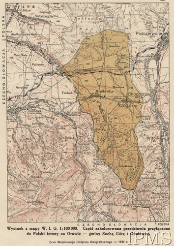 1939, Orawa, Polska.
Wycinek z mapy Wojskowego Instytutu Geograficznego 1:100 000. Część zakolorowana przedstawia przyłączone do Polski tereny na Orawie - gminy: Sucha Góra i Głodówka.
Fot. NN, Instytut Polski i Muzeum im. gen. Sikorskiego w Londynie [zbiory kartograficzne] - szuflada 7, nr 1312