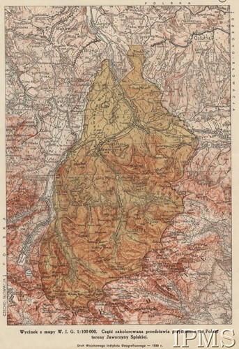 1939, Jaworzyna Spiska, Polska.
Wycinek z mapy Wojskowego Instytutu Geograficznego 1:100 000. Część zakolorowana przedstawia przyłaczone do Polski tereny Jaworzyny Spiskiej.
Fot. NN, Instytut Polski i Muzeum im. gen. Sikorskiego w Londynie [zbiory kartograficzne] - szuflada 7, nr 1312