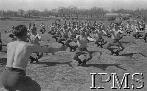 Kwiecień 1942, Jangi-Jul, Uzbekistan, ZSRR.
Gimnastyka poranna żołnierzy Szwadronu Przybocznego gen. Władysława Andersa.
Fot. inż. Ostrowski, Instytut Polski im. Gen. Sikorskiego w Londynie [album negatywowy A-I ROSJA] - płachta 28
