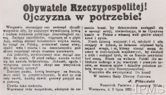 03.07.1920, brak miejsca.
Ulotka podpisana przez Naczelnika Państwa Józefa Piłsudskiego 