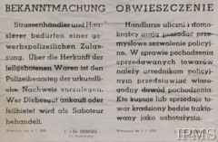 8.11.1939, Warszawa.
Obwieszczenie władz niemieckich w języku niemieckim i polskim: 
