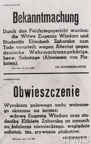 3.11.1939, Warszawa.
Obwieszczenie władz niemieckich w języku niemieckim i polskim: 