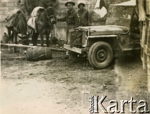 Maj 1944, rejon Monte Cassino, Włochy.
Żołnierze 2 Korpusu Polskiego stojący obok mułów, z prawej samochód z flagą Czerwonego Krzyża.
Fot. kpt. lekarz Zbigniew Godlewski, zbiory Instytutu Józefa Piłsudskiego w Londynie

