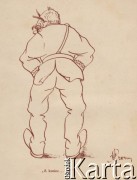 Lata 20., Polska.
Rysunek satyryczny przedstawiający Józefa Piłsudskiego stojącego tyłem. Podpis: 