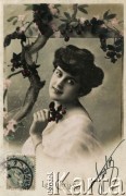 1906, Francja.
Portret kobiety w białej sukni z pękiem kwiatu wiśni. W tle gałąź drzewa z liśćmi i owocami wiśni. Zdjęcie wykonane w atelier fotograficznym.  Na pocztówce napis: 