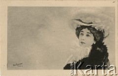 Pocz. XX wieku, Paryż, Francja.
Portret kobiety w czarnym futrze, białym szalu i ozdobnym kapeluszu. Zdjęcie wykonane w atelier fotograficznym. Kartka sygnowana nazwiskiem fotografa 