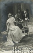 Pocz. XX wieku, Imperium Rosyjskie.
Reprodukcja obrazu malarza Simma przedstawiającego portret kobiety w białej sukni i mężczyzny w pokoju. Podpis w języku rosyjskim: 