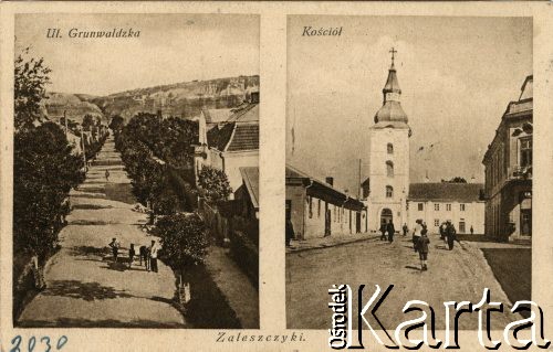 Przed 1939, Zaleszczyki, woj. tarnopolskie, Polska.
Ulica Grunwaldzka i kościół pw. św. Stanisława.
Fot. NN, zbiory Ośrodka KARTA, przekazała Janina Kuszell