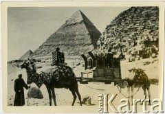 1943, Giza, Egipt.
Karawana na wielbłądach. W tle widoczne piramidy - Chefrena, Cheopsa i Mykerinosa.
Fot. NN, zbiory Ośrodka KARTA, przekazała Anna Masewicz.