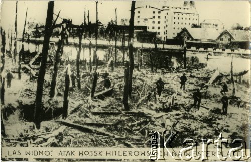 1939, Gdańsk, Polska.
Widok na Westerplatte po zakończeniu walk we wrześniu 1939 roku. U dołu napis 