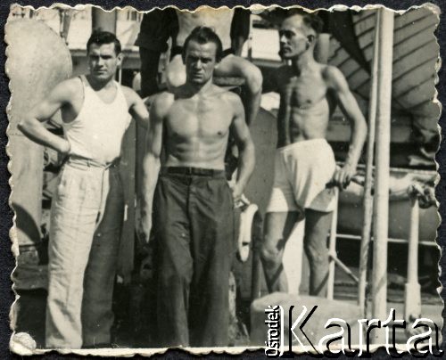 1936-1939, brak miejsca.
Wacław Urbanowicz (w środku) na pokładzie statku. Karierę marynarską rozpoczął w 1936 roku na statkach pasażerskich GAL-u (Gdynia-Ameryka Linie Żeglugowe S.A): SS 