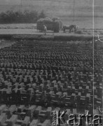 1942-1944, Münchenbuchsee, Szwajcaria.
Torfowisko. W głębi widoczni rolnicy, którzy zbierają skoszone zboże na wóz zaprzęgnięty w konie.
Fot. Jerzy Konrad Maciejewski, zbiory Ośrodka KARTA
