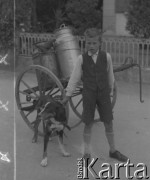 1942-1944, Münchenbuchsee, Szwajcaria.
Chłopiec stoi przy wózku, na których znajdują się bańki na mleko i trzyma za obrożę swojego psa.
Fot. Jerzy Konrad Maciejewski, zbiory Ośrodka KARTA
