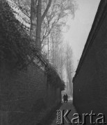 1945-1946, Lys-lez-Lannoy, Francja.
Na końcu drogi znajdującej się pomiędzy wysokimi murami stoją dwie osoby.
Fot. Jerzy Konrad Maciejewski, zbiory Ośrodka KARTA
