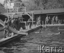 1941, Huttwil, Szwajcaria.
Internowani żołnierze 2. Dywizji Strzelców Pieszych podczas pływania w basenie. Wokół stoją żołnierze w mundurach i przyglądają się.
Fot. Jerzy Konrad Maciejewski, zbiory Ośrodka KARTA