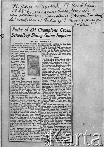 Przed 16.04.1945, Kanada.
Artykuł z kanadyjskiej gazety o Marianie Zającu (1920-1945), narciarzu i lotniku 305 Dywizjonu Bobowego 