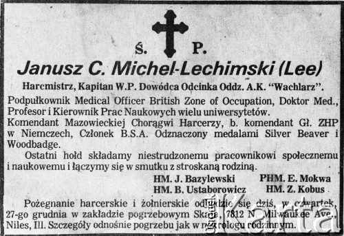 Brak daty, brak miejsca.
Nekrolog Janusza Michela-Lechimskiego ps. 