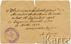 8.10.1925, Ustrzyki Dolne, Polska.
Dokument.
Fot. NN, zbiory Adeli Kozlowski i Eugeniusza Zacharko, reprodukcje cyfrowe w Bibliotece Polskiej im. Ignacego Domeyki w Buenos Aires (Biblioteca Polaca Ignacio Domeyko) i w Ośrodku KARTA w Warszawie.
