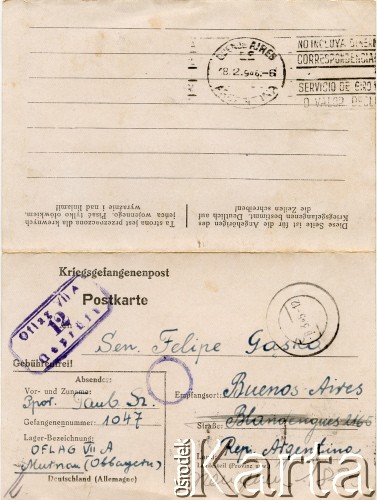 1.03.1945, Murnau, Niemcy.
List podporucznika Tauba Szai do Felipe Gąski, wysłany z niemieckiego obozu jenieckiego Oflag VII A Murnau. Treść listu pod sygnaturą OK_1189_053_002.
Fot. NN, zbiory Reginy Gaski, reprodukcje cyfrowe w  Bibliotece Polskiej im. Ignacego Domeyki w Buenos Aires (Biblioteca Polaca Ignacio Domeyko) i w Ośrodku KARTA w Warszawie.