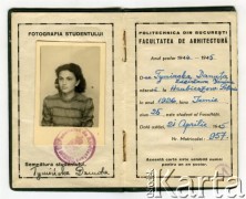 21.04.1945, Bukareszt, Rumunia
Indeks Danuty Tymińskiej, studentki Wydziału Architektury Politechniki w Bukareszcie.
Fot. zbiory Ośrodka KARTA
