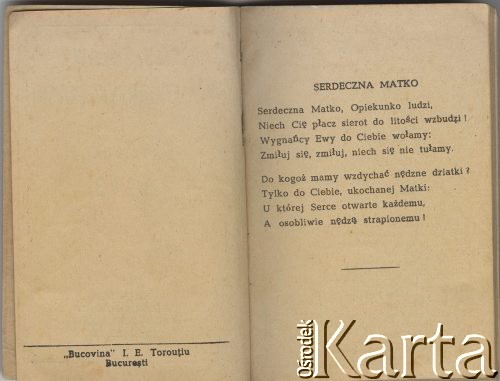 1944, Bukareszt, Rumunia
Kieszonkowy Kalendarzyk Polski na rok 1944 wydany nakładem Komisji Pomocy Uchodźcom Polskim w Bukareszcie. Wiersz 