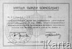 Listopad 1931, Katowice, Polska.
Dokument przyznający Janowi Demarczykowi odznaczenie 