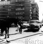 Wrzesień 1962, Warszawa, Polska.
Mężczyzna z wanienką na parkingu przy DT 