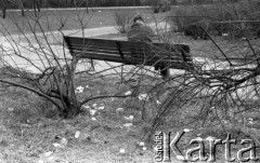 12.04.1981, Polska
Mężczyzna siedzący na ławce w parku, wokół leżą śmieci.
Fot. Jarosław Tarań, zbiory Ośrodka KARTA [81-12] 
