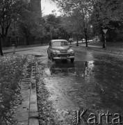 Październik 1968, Warszawa, Polska.
Warszawska ulica jesienią. Drogą, pokrytą liśćmi spadającymi z drzew, przejeżdża samochód marki 
