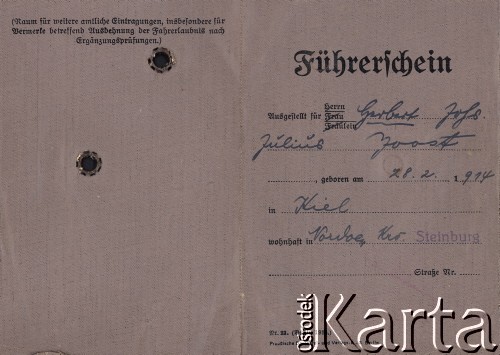 1935, Niemcy.
Prawo jazdy Herberta Joosta wydane 7.11.1935 roku.
Fot. NN, zbiory Ośrodka KARTA, dokumenty z kolekcji Herberta Joosta udostępnił Krzysztof Kuczyński.

