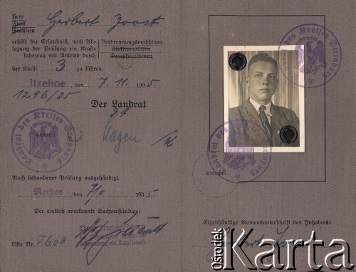 1935, Niemcy.
Prawo jazdy Herberta Joosta wydane 7.11.1935 roku.
Fot. NN, zbiory Ośrodka KARTA, dokumenty z kolekcji Herberta Joosta udostępnił Krzysztof Kuczyński.

