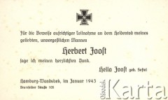 Styczeń 1934, Hamburg Wandsbek, Niemcy.
Podziękowania wysłane przez Hellę Joost znajomym, którzy złożyli jej kondolencje po śmierci męża Herberta Joosta.
Fot. NN, zbiory Ośrodka KARTA, dokumenty z kolekcji Herberta Joosta udostępnił Krzysztof Kuczyński.

