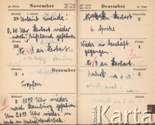1942, Hamburg, Niemcy.
Kalendarzyk Helli Joost, zawierający m.in. spis wysyłanej do męża i otrzymywanej od niego korespondencji; w 1942 roku Herbert Joost przebywał na froncie wschodnim, w dniach 8-29 listopada był na urlopie w domu, zginął po powrocie z urlopu w grudniu 1942 lub na początku stycznia 1943 r.
Fot. NN, zbiory Ośrodka KARTA, dokumenty z kolekcji Herberta Joosta udostępnił Krzysztof Kuczyński.

