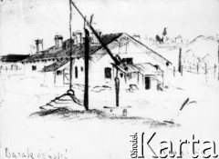 1945, Kowanka, Nowgorodzka obł., ZSRR.
Rysunek przedstawiający baraki łagru żeńskiego w Kowance.
Fot. NN, zbiory Ośrodka KARTA