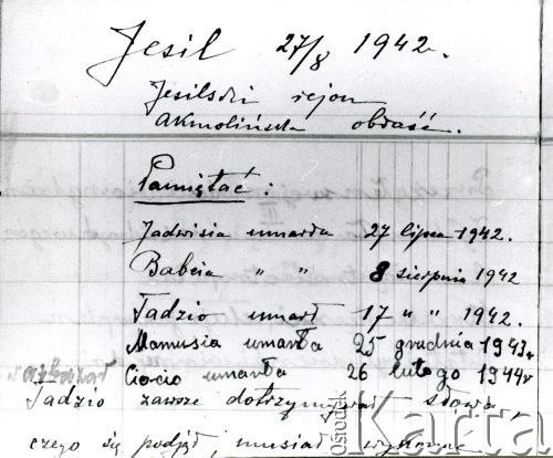 27.08.1942, Jesil, obwód Akmolińsk, Kazachstan, ZSRR.
Kartka z pamiętnika zesłańca: 