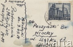 9.09.1954, Mikołajki, woj. olsztyńskie, Polska.
Rewers kartki pocztowej przesłanej Bronisławowi Peszyńskiemu. Po lewej stronie widoczny jest napis: 