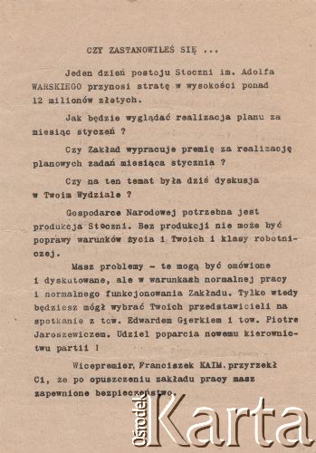 21.01.1971, Sczecin, Polska.
Ulotka strony rządowej skierowana do strajkujących robotników 