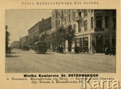 Przed 1914, Warszawa, Królestwo Polskie, Cesarstwo Rosyjskie.
Ulica Marszałkowska róg Złotej.  
Album ze zdjęciami i reklamami 