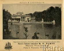 Przed 1914, Warszawa, Królestwo Polskie, Cesarstwo Rosyjskie.
Łazienki Królewskie, Pałac na Wyspie. 
Album ze zdjęciami i reklamami 
