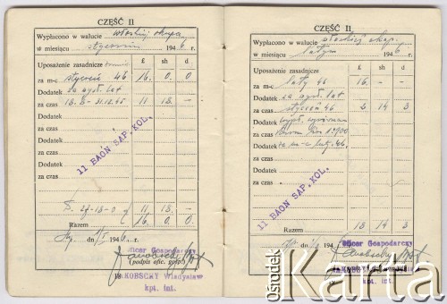 15.05.1945, brak miejsca.
Książeczka uposażenia Zbigniewa Jackowskiego zawierająca dane ewidencyjne, informacje o wypłaconym uposażeniu, obciążeniach i ich spłatach oraz o skarbowych wyposażeniach materiałowych.
Fot. NN, zbiory Ośrodka KARTA, Pogotowie Archiwalne [PAF_042], przekazał Zbigniew Jackowski