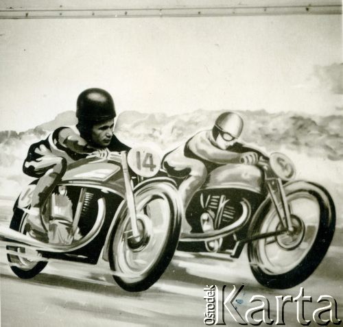 Po 1947, Anglia, Wielka Brytania.
Ryszard Grzybowski przy planszy przedstawiającej wyścig motocyklowy.
Fot. NN, udostępnili Czesława i Ryszard Grzybowscy, zbiory Ośrodka KARTA