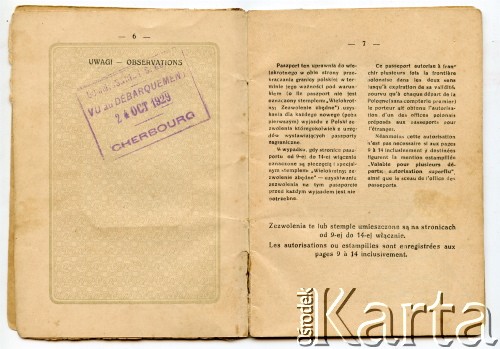 Paszport Juljana Kołodzieja, który w 1929 roku wyemigrował do Argentyny. Strona 4.
Fot. NN, udostępnił Alfredo Kołodziej, reprodukcje cyfrowe w Bibliotece Polskiej im. Ignacego Domeyki w Buenos Aires (Biblioteca Polaca Ignacio Domeyko) i w Ośrodku KARTA w Warszawie.