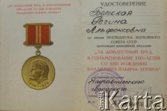 1970, Łotewska Socjalistyczna Republika Radziecka, Związek Socjalistycznych Republik Radzieckich.
Zaświadczenie o przyznaniu Reginie Bielskiej (z d. Bekiesz) medalu 