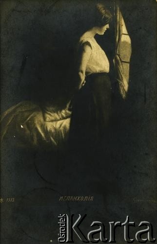 1910, brak miejsca.
Karta pocztowa z personifikacją Melancholii. Na odwrocie życzenia wielkanocne 